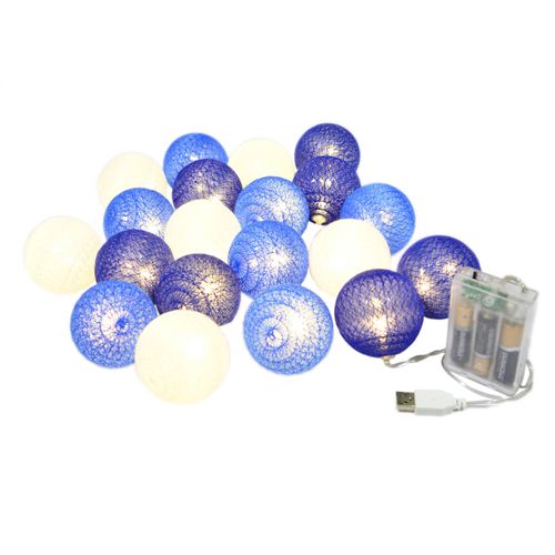 Cordão de Luz LED com 20 Bolinhas Cotton - Branco/Azul - funciona a Pilha e USB