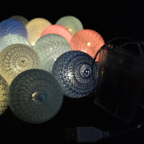 Cordão de Luz LED com 20 Bolinhas Cotton - Rosa/Azul/Verde/Cinza - funciona a Pilha e USB