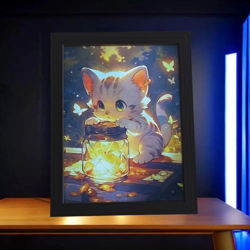 Quadro Gato com pote - 23 x 17cm LED 5V USB