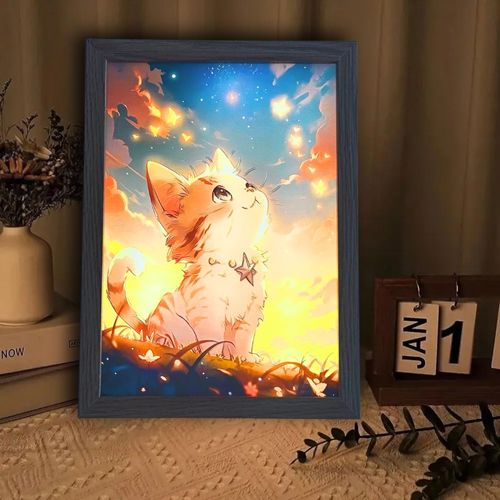 Quadro Gato céu estrelado - 23 x 17cm  LED 5V USB